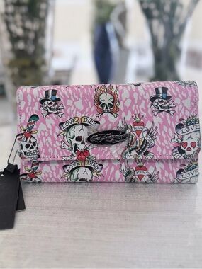 Ed Hardy Pink Tattoo-Print Foldover Clutch Wallet